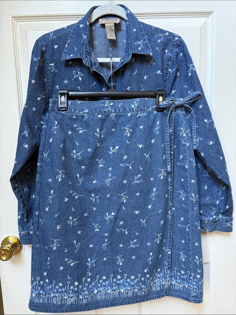 Sag Harbor TWO piece set. Light Blue Denim Button-Up Shirt and Faux wrap skirt